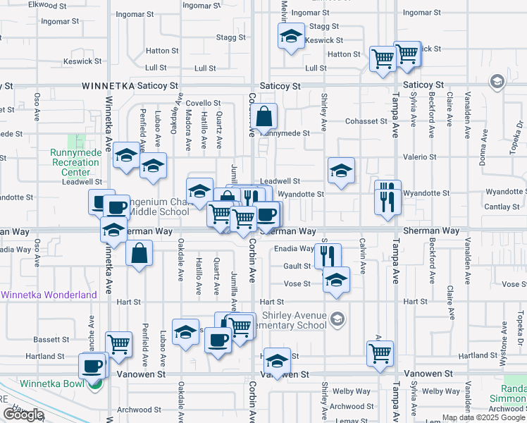 map of restaurants, bars, coffee shops, grocery stores, and more near 19645 Sherman Way in Los Angeles