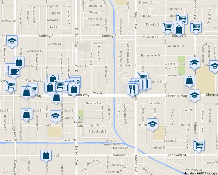 map of restaurants, bars, coffee shops, grocery stores, and more near 20655 Sherman Way in Los Angeles