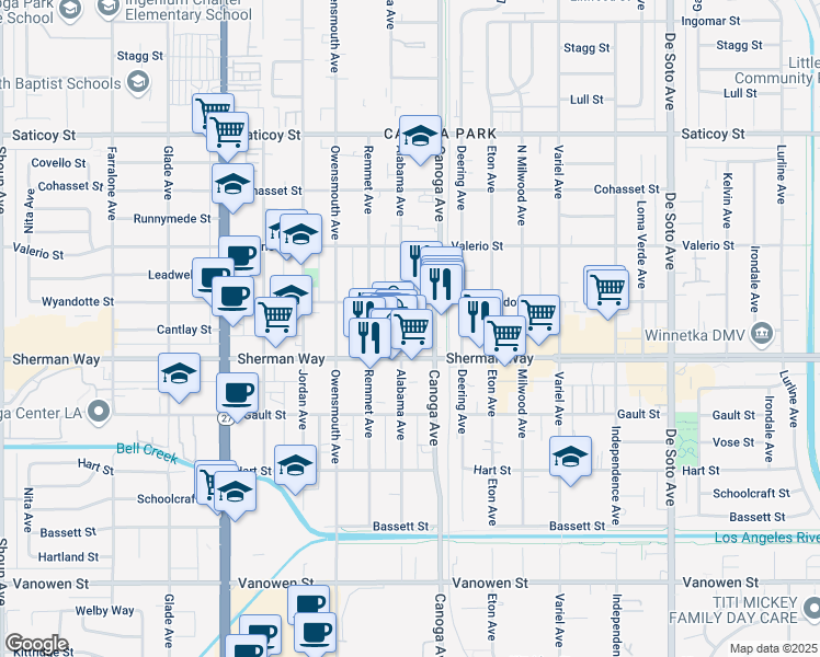 map of restaurants, bars, coffee shops, grocery stores, and more near 7207 Alabama Avenue in Los Angeles