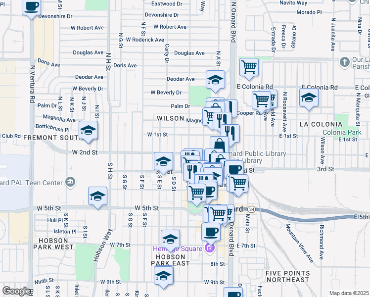 map of restaurants, bars, coffee shops, grocery stores, and more near 201 South C Street in Oxnard