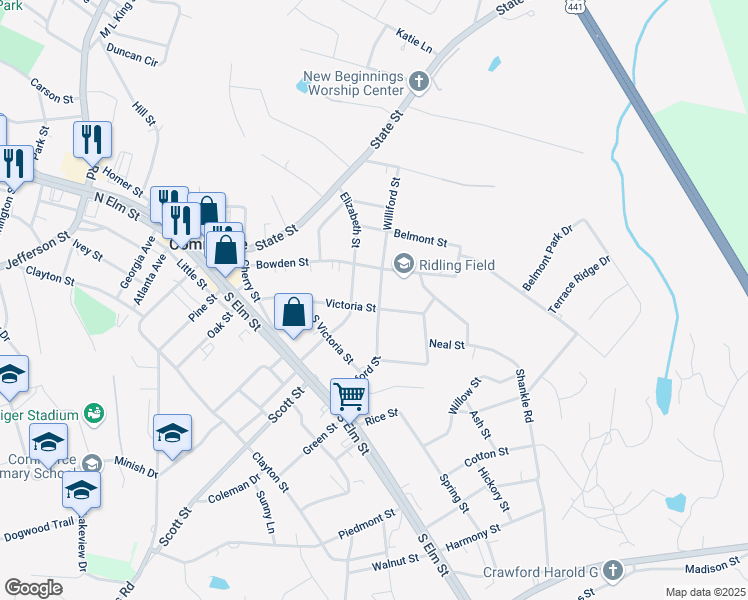 map of restaurants, bars, coffee shops, grocery stores, and more near 309 Williford Street in Commerce