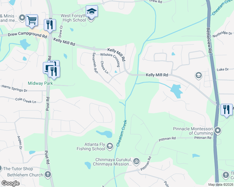 map of restaurants, bars, coffee shops, grocery stores, and more near 4935 Savannah Run in Cumming
