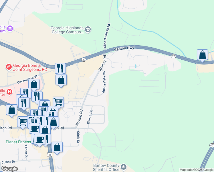 map of restaurants, bars, coffee shops, grocery stores, and more near 52 Buena Vista Circle in Cartersville
