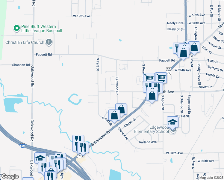 map of restaurants, bars, coffee shops, grocery stores, and more near 2800 Kenwood Drive in Pine Bluff