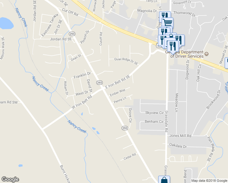 map of restaurants, bars, coffee shops, grocery stores, and more near 12 Ember Way in Cartersville