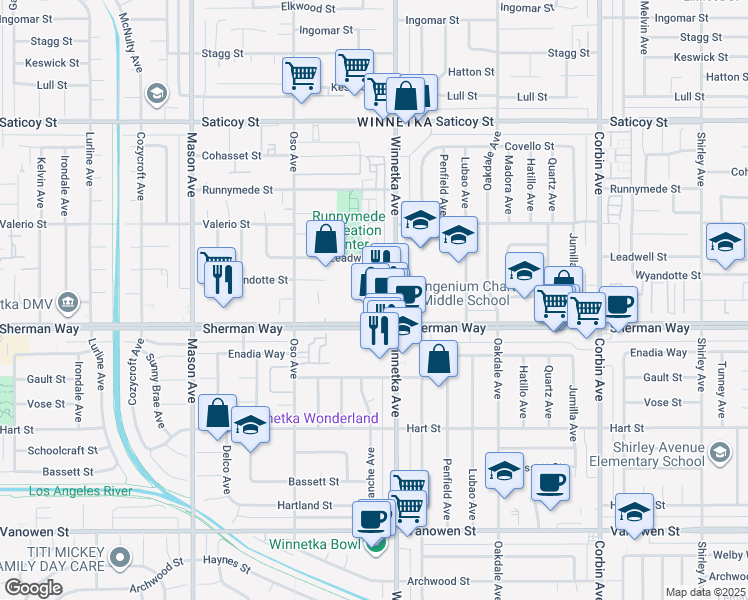 map of restaurants, bars, coffee shops, grocery stores, and more near 20140 Sherman Way in Los Angeles