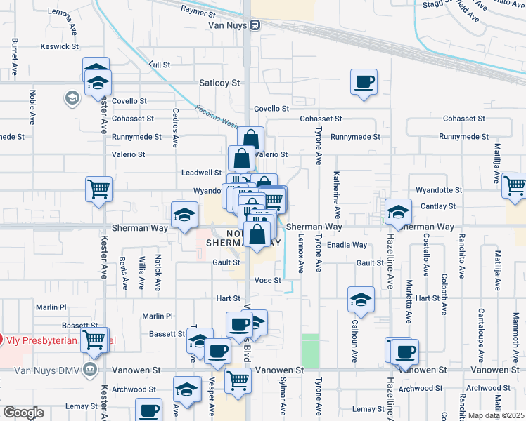 map of restaurants, bars, coffee shops, grocery stores, and more near 14421 Sherman Way in Los Angeles