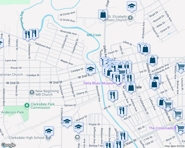 map of restaurants, bars, coffee shops, grocery stores, and more near 100 West 2nd Street in Clarksdale