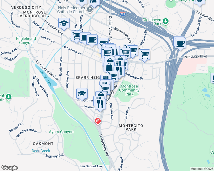 map of restaurants, bars, coffee shops, grocery stores, and more near 3441 Ocean View Boulevard in Glendale