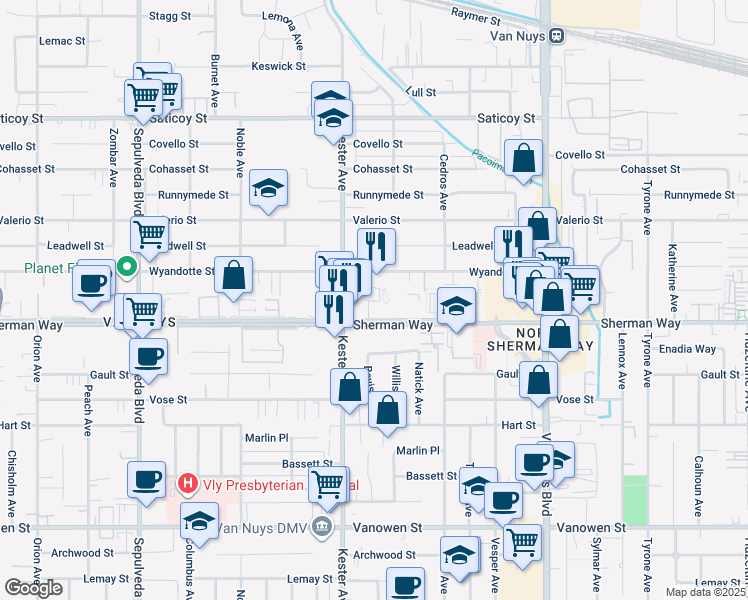 map of restaurants, bars, coffee shops, grocery stores, and more near 14821 Sherman Way in Los Angeles
