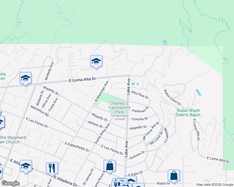 map of restaurants, bars, coffee shops, grocery stores, and more near 3245 Arrowhead Court in Altadena