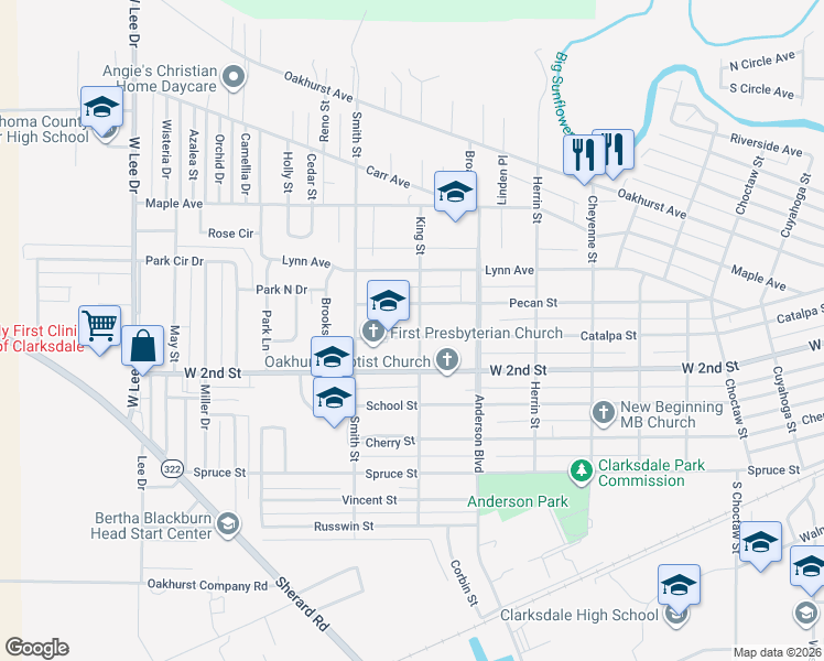 map of restaurants, bars, coffee shops, grocery stores, and more near 1203 King Street in Clarksdale