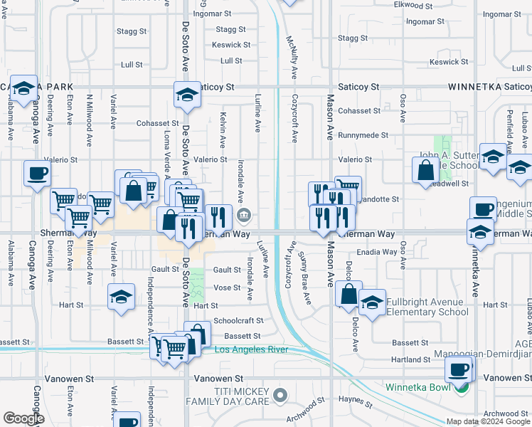 map of restaurants, bars, coffee shops, grocery stores, and more near 20655 Sherman Way in Los Angeles