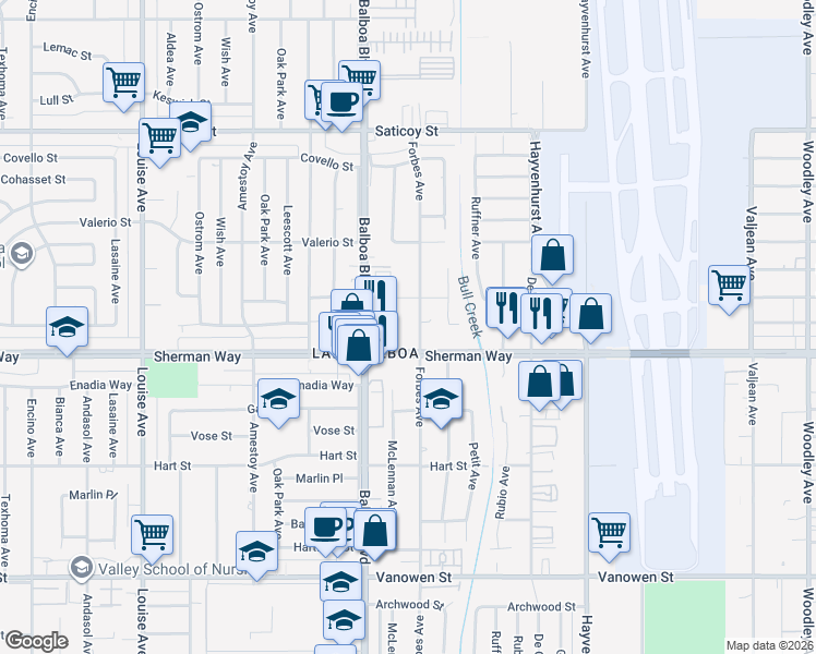 map of restaurants, bars, coffee shops, grocery stores, and more near 7225 Forbes Avenue in Los Angeles