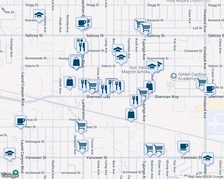 map of restaurants, bars, coffee shops, grocery stores, and more near 11523 Sherman Way in Los Angeles