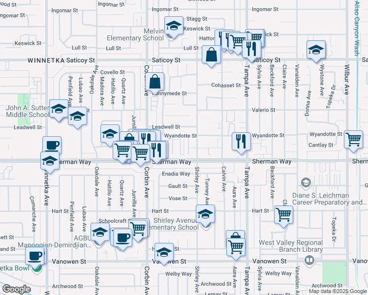 map of restaurants, bars, coffee shops, grocery stores, and more near 19545 Sherman Way in Los Angeles