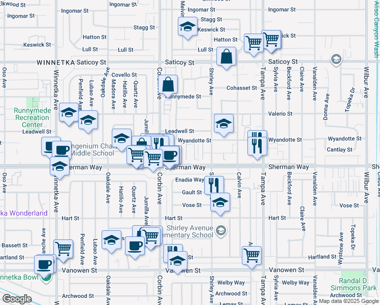 map of restaurants, bars, coffee shops, grocery stores, and more near 19545 Sherman Way in Los Angeles