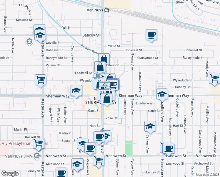 map of restaurants, bars, coffee shops, grocery stores, and more near 14435 Sherman Way in Los Angeles