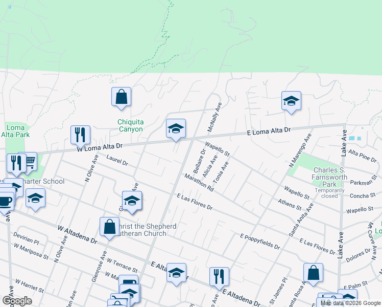 map of restaurants, bars, coffee shops, grocery stores, and more near 3344 North Fair Oaks Avenue in Altadena