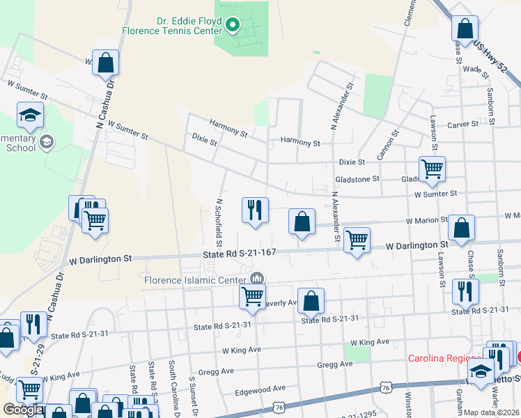 map of restaurants, bars, coffee shops, grocery stores, and more near 1405 West Darlington Street in Florence