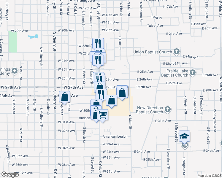 map of restaurants, bars, coffee shops, grocery stores, and more near 2801 South Olive Street in Pine Bluff