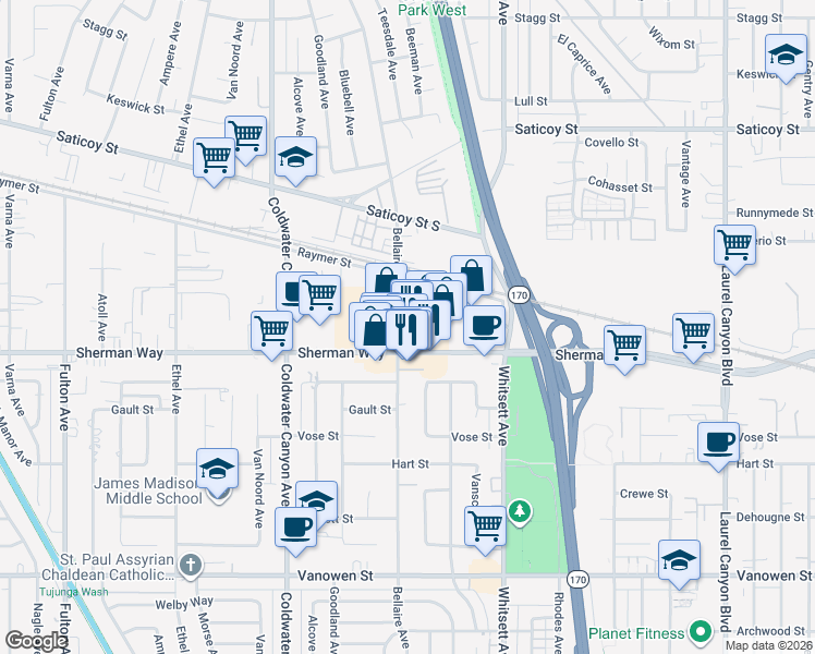 map of restaurants, bars, coffee shops, grocery stores, and more near 12643 Sherman Way in Los Angeles