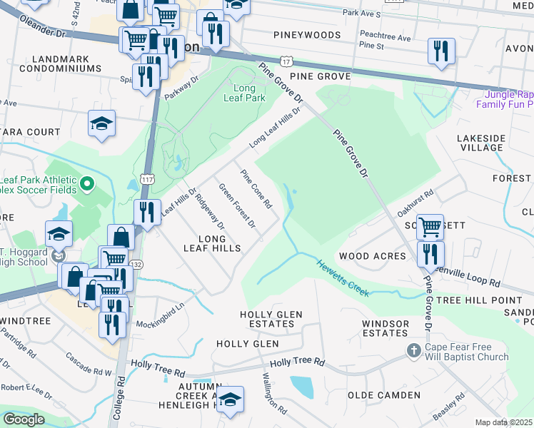 map of restaurants, bars, coffee shops, grocery stores, and more near 138 Pine Cone Road in Wilmington