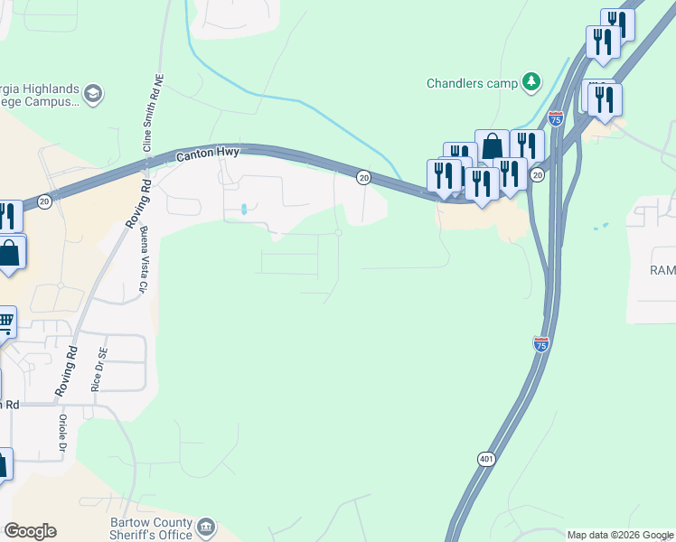 map of restaurants, bars, coffee shops, grocery stores, and more near 30 Backus Road Southeast in Cartersville