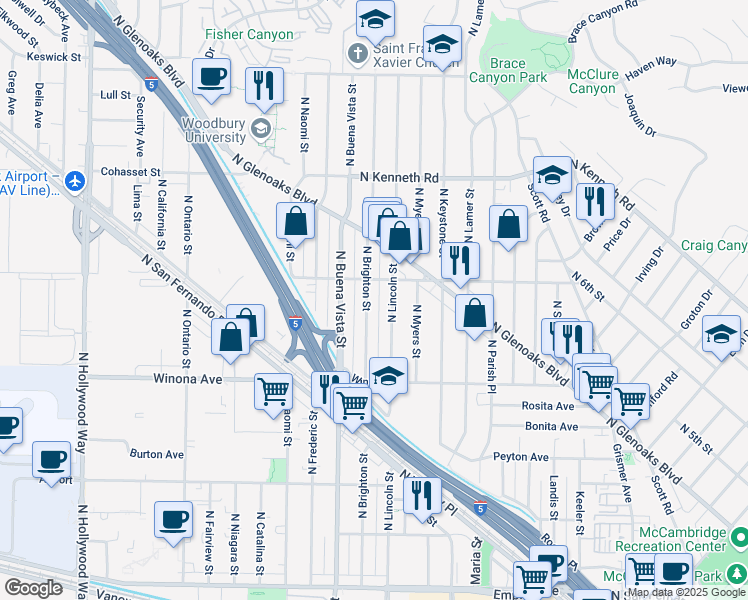 map of restaurants, bars, coffee shops, grocery stores, and more near 2526 North Brighton Street in Burbank