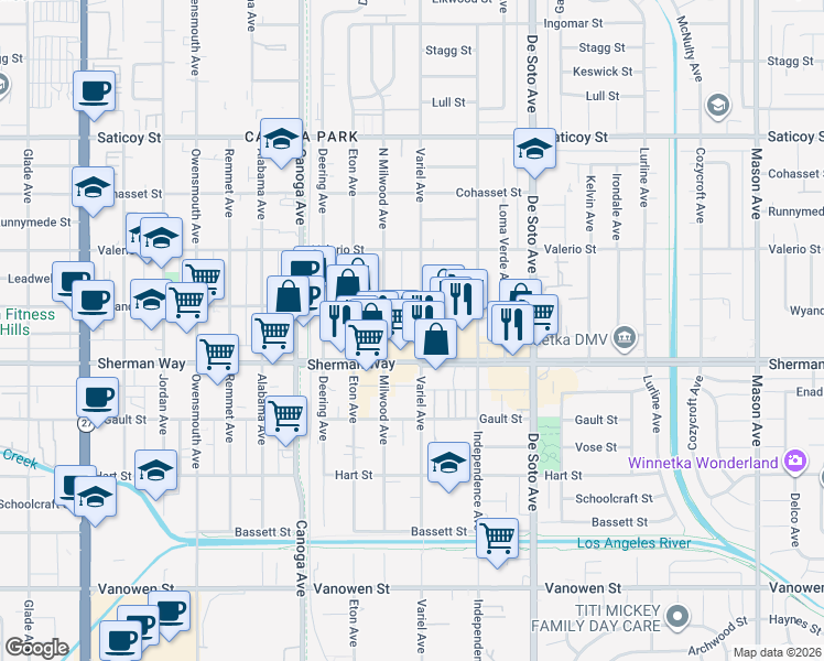 map of restaurants, bars, coffee shops, grocery stores, and more near 7237 Variel Avenue in Los Angeles