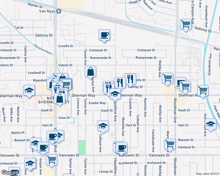 map of restaurants, bars, coffee shops, grocery stores, and more near 7207 North Chestnut Lane in Los Angeles