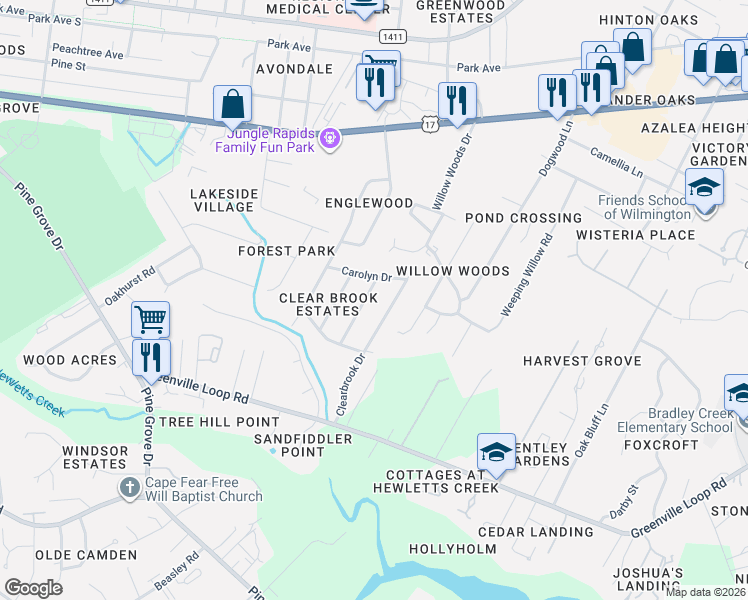 map of restaurants, bars, coffee shops, grocery stores, and more near 417 Clearbrook Drive in Wilmington