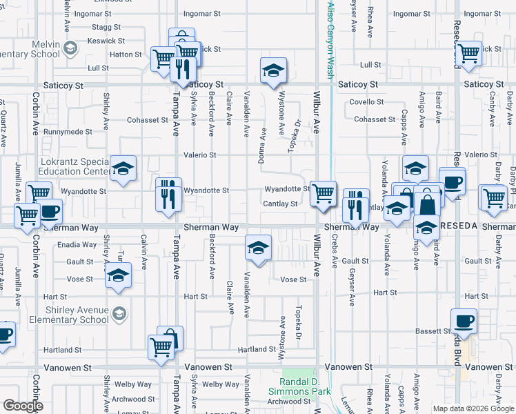 map of restaurants, bars, coffee shops, grocery stores, and more near 19035 Sherman Way in Los Angeles