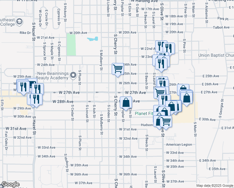 map of restaurants, bars, coffee shops, grocery stores, and more near 2719 South Cherry Street in Pine Bluff