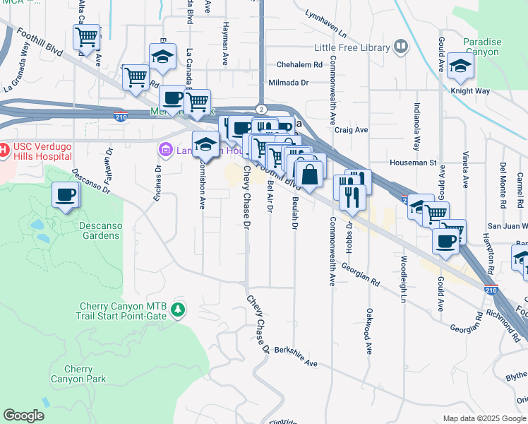 map of restaurants, bars, coffee shops, grocery stores, and more near 4415 Bel Aire Drive in La Cañada Flintridge