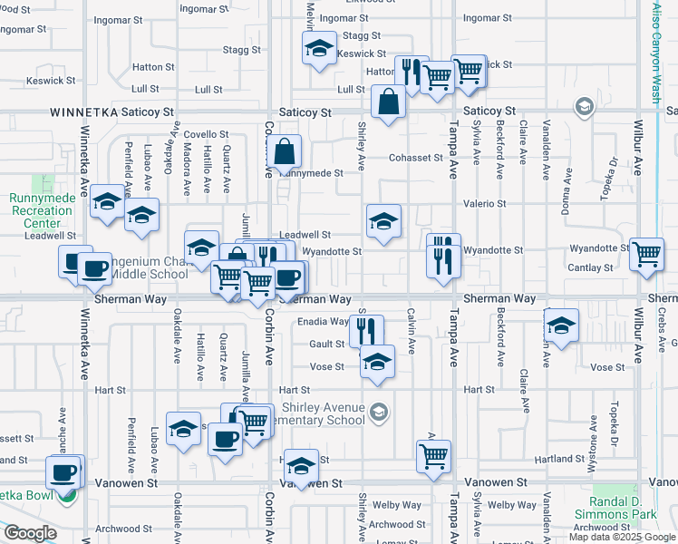 map of restaurants, bars, coffee shops, grocery stores, and more near 19545 Sherman Way in Los Angeles