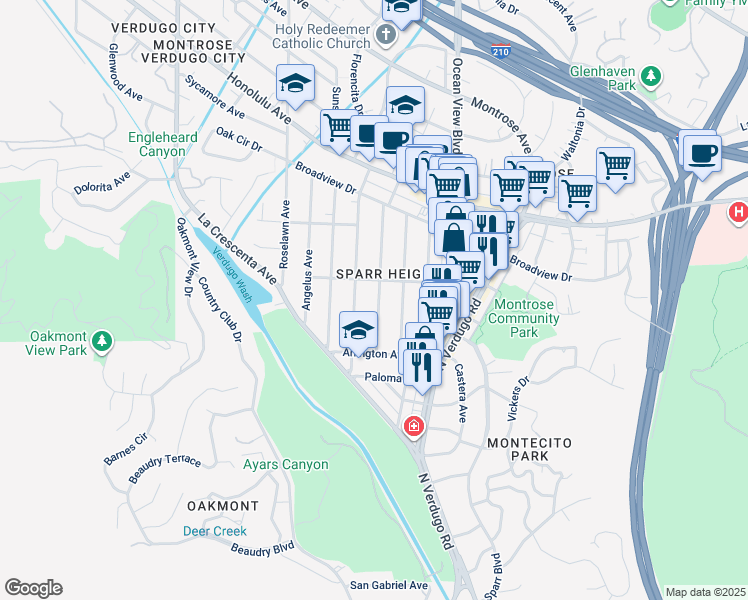 map of restaurants, bars, coffee shops, grocery stores, and more near 3453 Rosemary Avenue in Glendale
