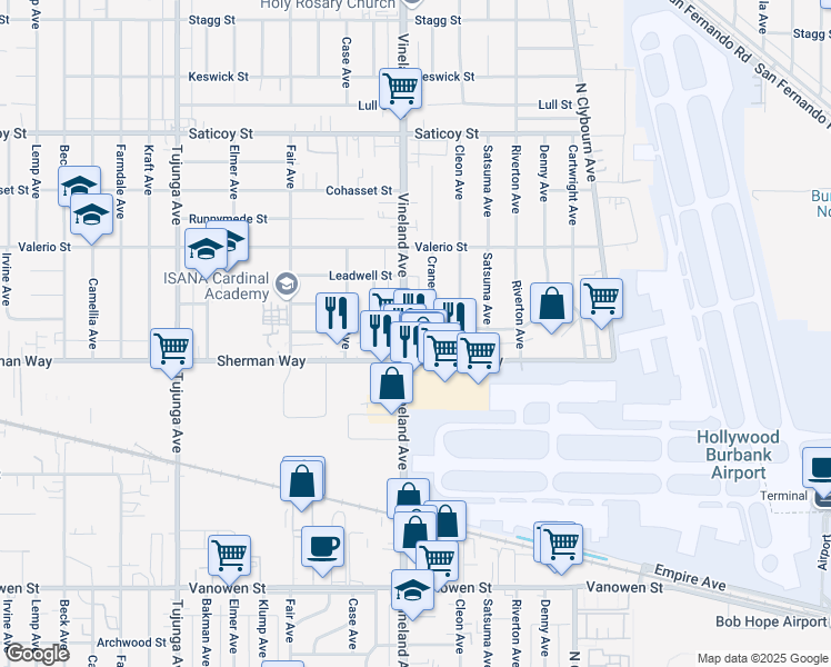 map of restaurants, bars, coffee shops, grocery stores, and more near 7200 Vineland Avenue in Los Angeles