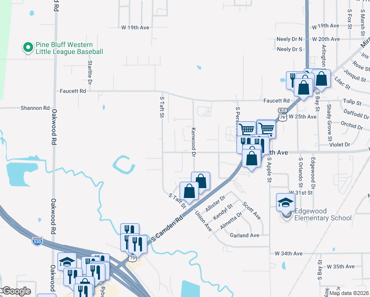 map of restaurants, bars, coffee shops, grocery stores, and more near 2800 Kenwood Drive in Pine Bluff