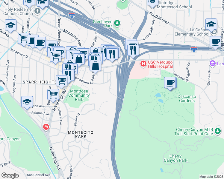 map of restaurants, bars, coffee shops, grocery stores, and more near 3467 Stancrest Drive in Glendale