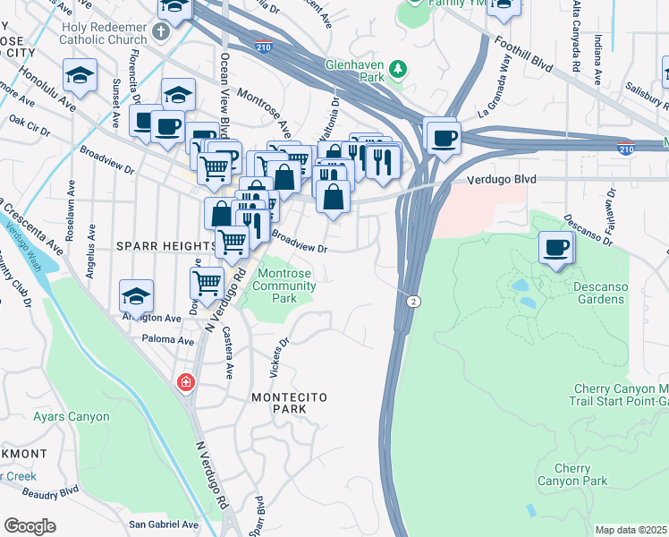 map of restaurants, bars, coffee shops, grocery stores, and more near 2121 Valderas Drive in Glendale