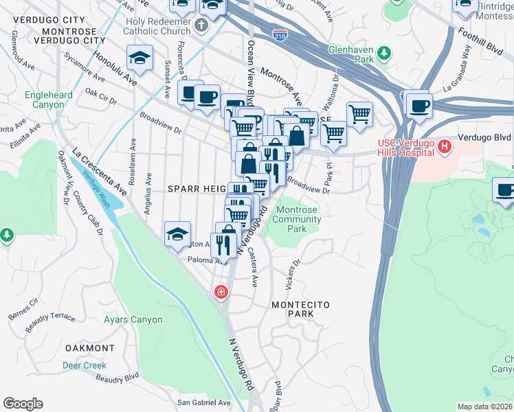 map of restaurants, bars, coffee shops, grocery stores, and more near 3450 North Verdugo Road in Glendale
