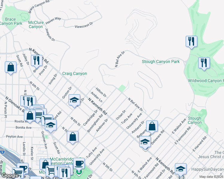 map of restaurants, bars, coffee shops, grocery stores, and more near 937 Birmingham Road in Burbank