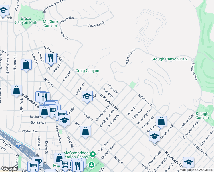 map of restaurants, bars, coffee shops, grocery stores, and more near 1912 Amber Lane in Burbank
