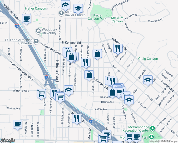 map of restaurants, bars, coffee shops, grocery stores, and more near 2519 North Glenoaks Boulevard in Burbank
