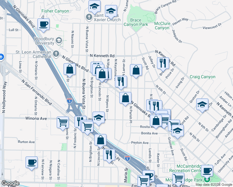 map of restaurants, bars, coffee shops, grocery stores, and more near 2421 North Keystone Street in Burbank