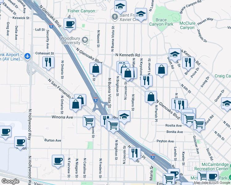 map of restaurants, bars, coffee shops, grocery stores, and more near 2526 North Brighton Street in Burbank