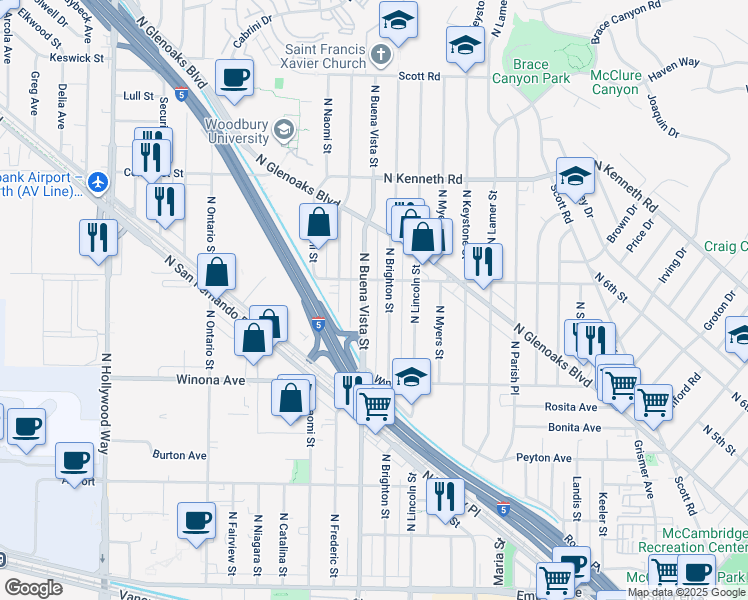 map of restaurants, bars, coffee shops, grocery stores, and more near 2531 North Buena Vista Street in Burbank