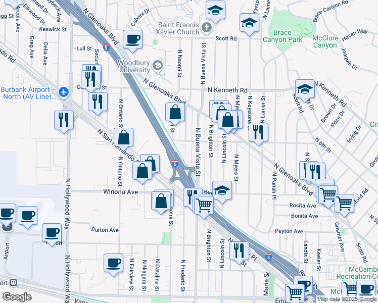 map of restaurants, bars, coffee shops, grocery stores, and more near 2531 North Buena Vista Street in Burbank