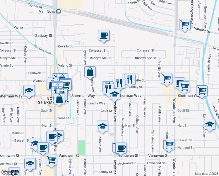 map of restaurants, bars, coffee shops, grocery stores, and more near 7207 North Chestnut Lane in Los Angeles